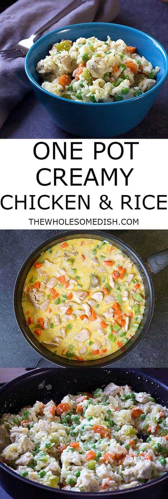 One Pot Creamy Chicken and Rice is full of chicken, veggies, and cheesy rice. And, it all comes together in one skillet!