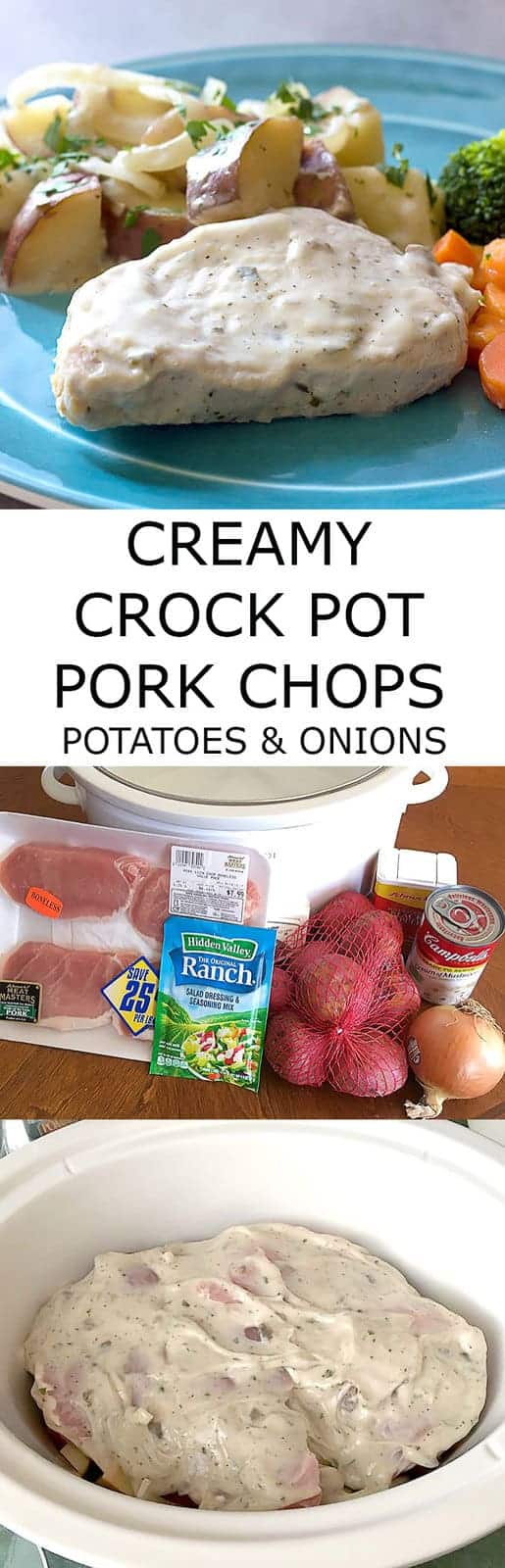 Creamy Crock Pot Pork Chops Potatoes & Onions is a comforting delicious dinner that only takes a few ingredients and a few minutes to prepare.