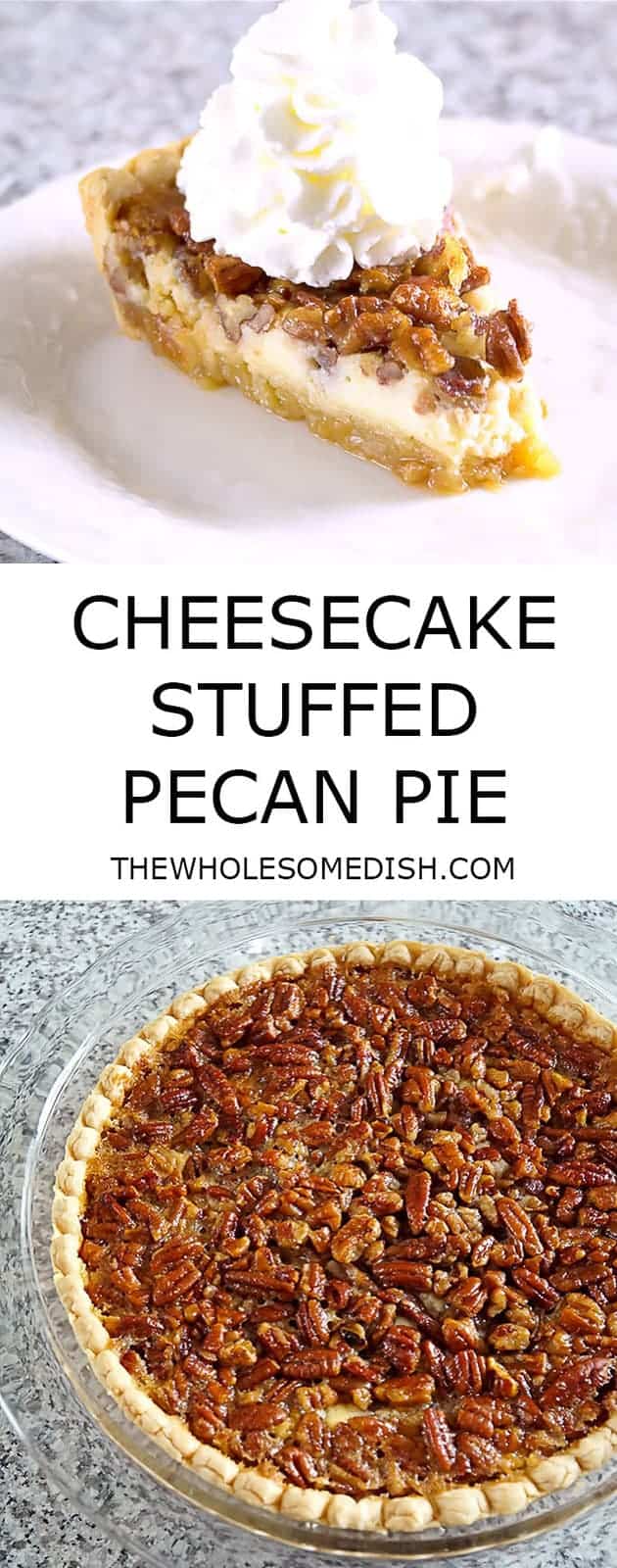 Cheesecake Stuffed Pecan Pie has a crunchy sweet pecan pie top layer and a creamy cheesecake bottom layer. It's a perfect dessert for the holidays!
#cheesecake #pecan #pie #pecanpie #recipe #holiday #holidayrecipes #dessert #dessertrecipes #Thanksgiving #Christmas #thanksgivingdesserts #christmasdesserts #creamcheese