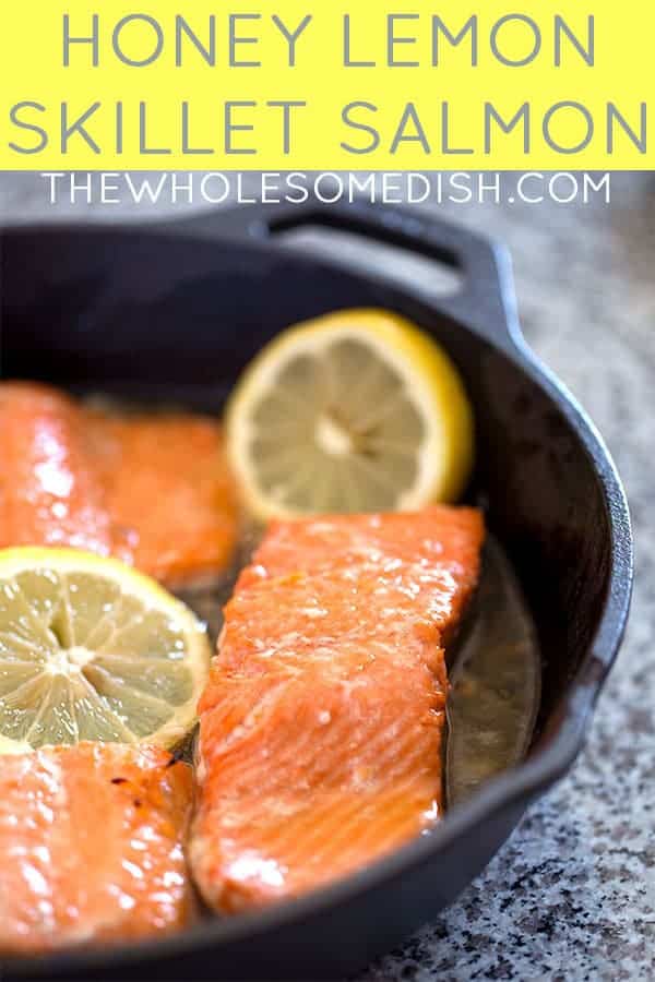 Honey Lemon Skillet Salmon - an easy dinner recipe made in minutes. Salmon is pan fried, broiled, and basted in a sauce made of honey, lemon, and coconut oil. #salmon #recipe #dinner #honey #lemon #skillet #easyrecipe #fish #seafood