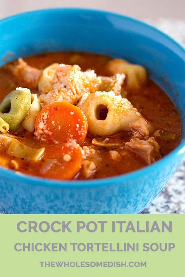 Crock Pot Italian Chicken Tortellini Soup - An easy dinner recipe made in the slow cooker. It's loaded with shredded chicken, veggies, cheese tortellini, and an Italian seasoned broth that gets extra flavor from a jar of pasta sauce. #crockpot #slowcooker #soup #chicken #chickensoup #tortellini #tortellinisoup #easydinner #easyrecipe #cheese #Italian #pasta