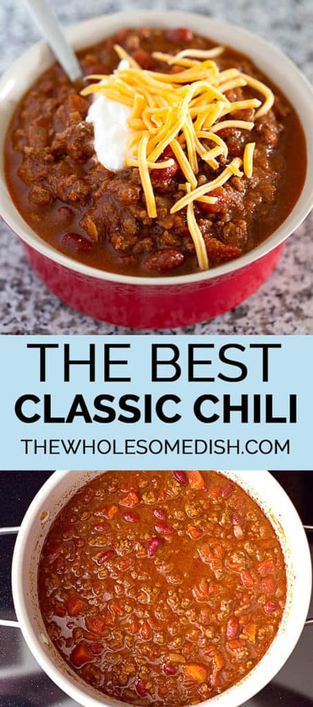2 image collage with text showing The Best Classic Chili