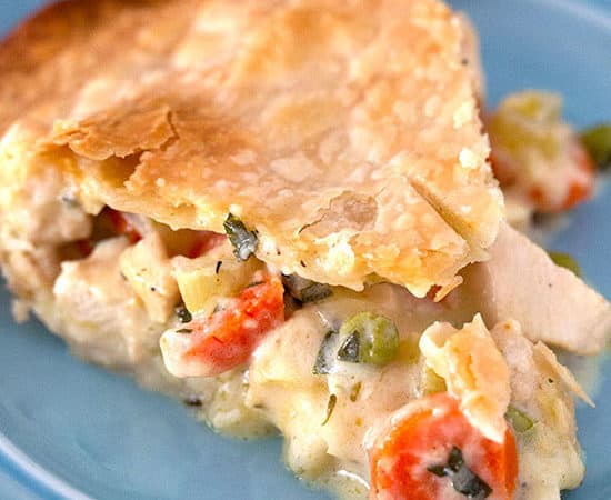 Slice of the best homemade chicken pot pie