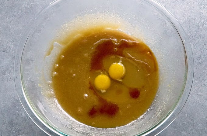 The wet ingredients in a bowl for the best chocolate chip cookie recipe