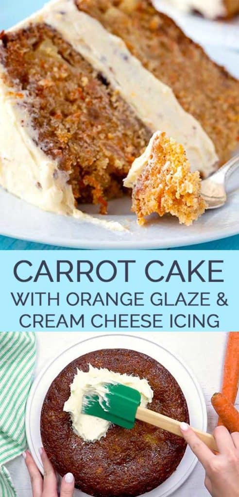2 image collage with text showing carrot cake with cream cheese frosting