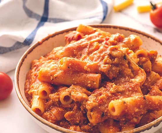Bowl full of easy baked ziti