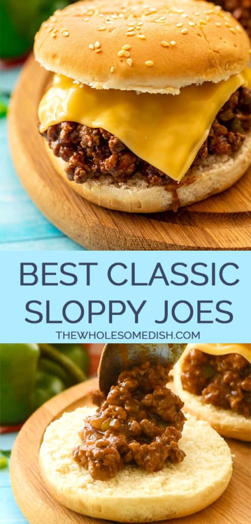 Classic Sloppy Joe Recipe 2 image pinterest collage with 2 images and text