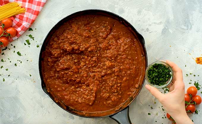 spaghetti sauce in a skillet