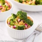 broccoli salad in a white ramekin