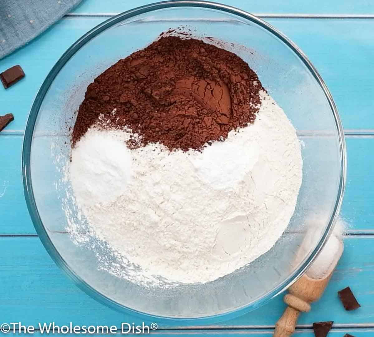 dry ingredients for homemade chocolate cake in a mixing bowl