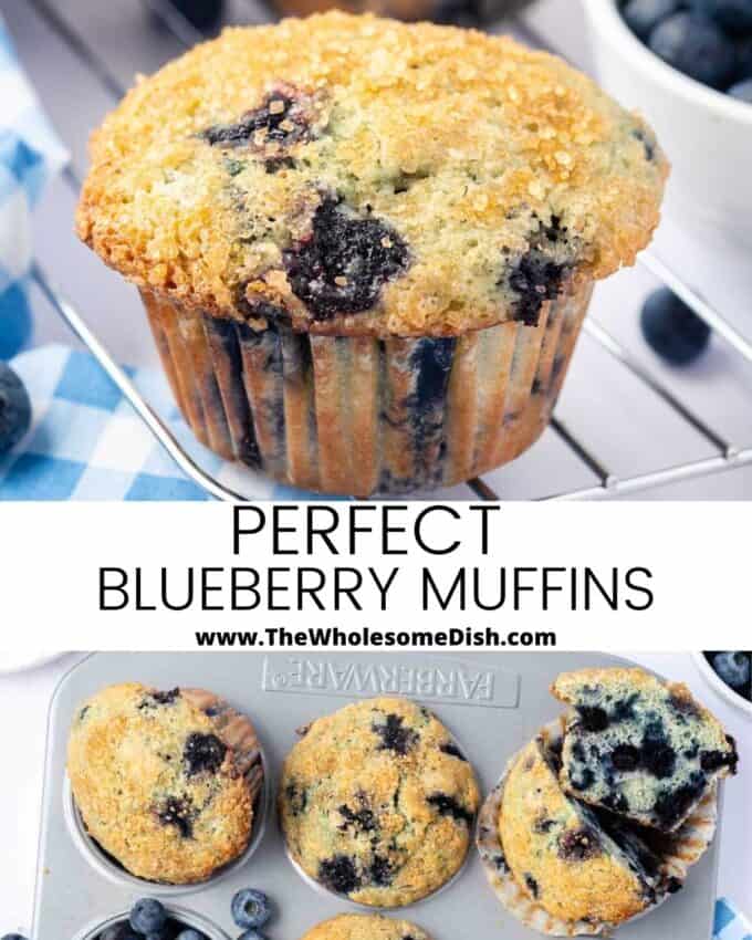 2 image collage with text overlay for blueberry muffins.