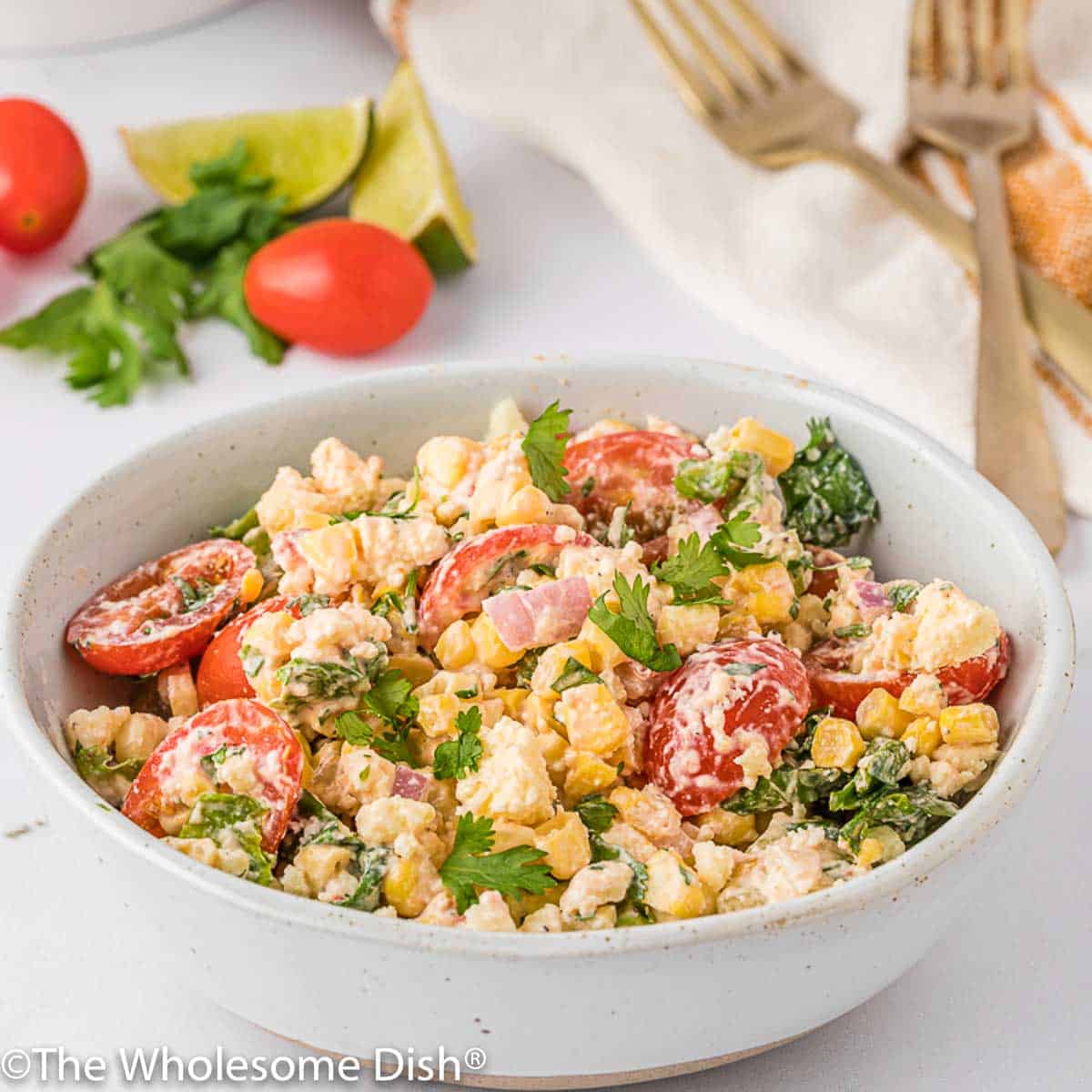 Bowl full of chopped fresh corn salad