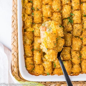 Casserole dish full of tater tot casserole