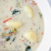 Bowl full of chicken gnocchi soup.