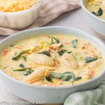 Bowl full of chicken gnocchi soup.