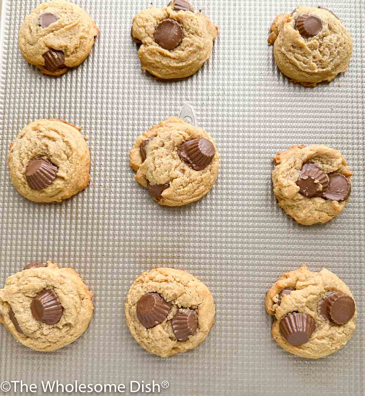 Baked peanut butter cup cookies on a baking sheet.