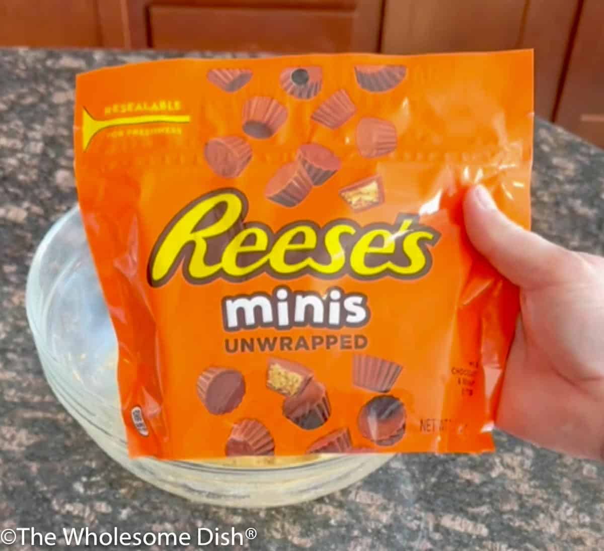 A bag of Reese's minis unwrapped peanut butter cups.