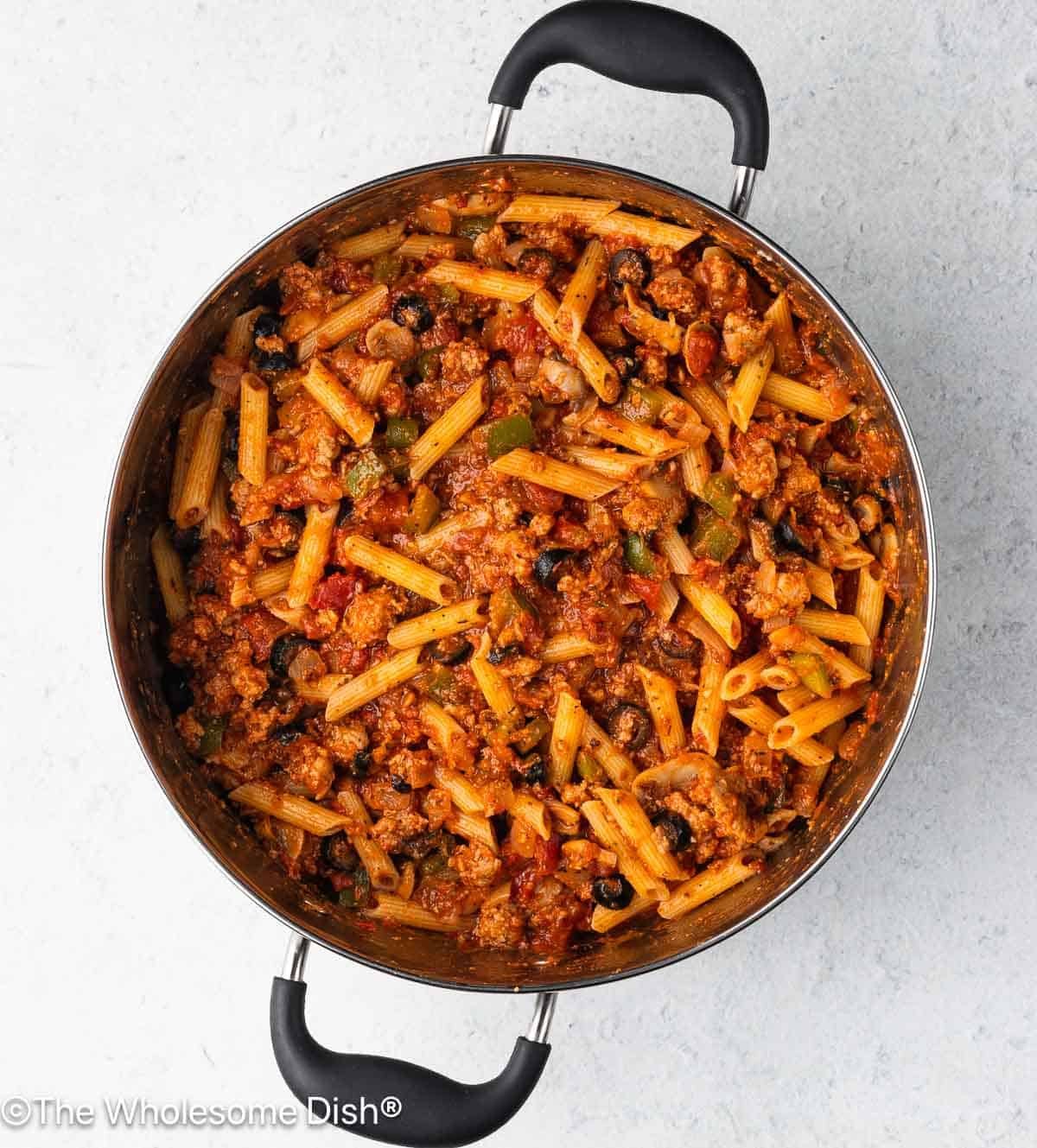 Cooked pasta added to the pot.